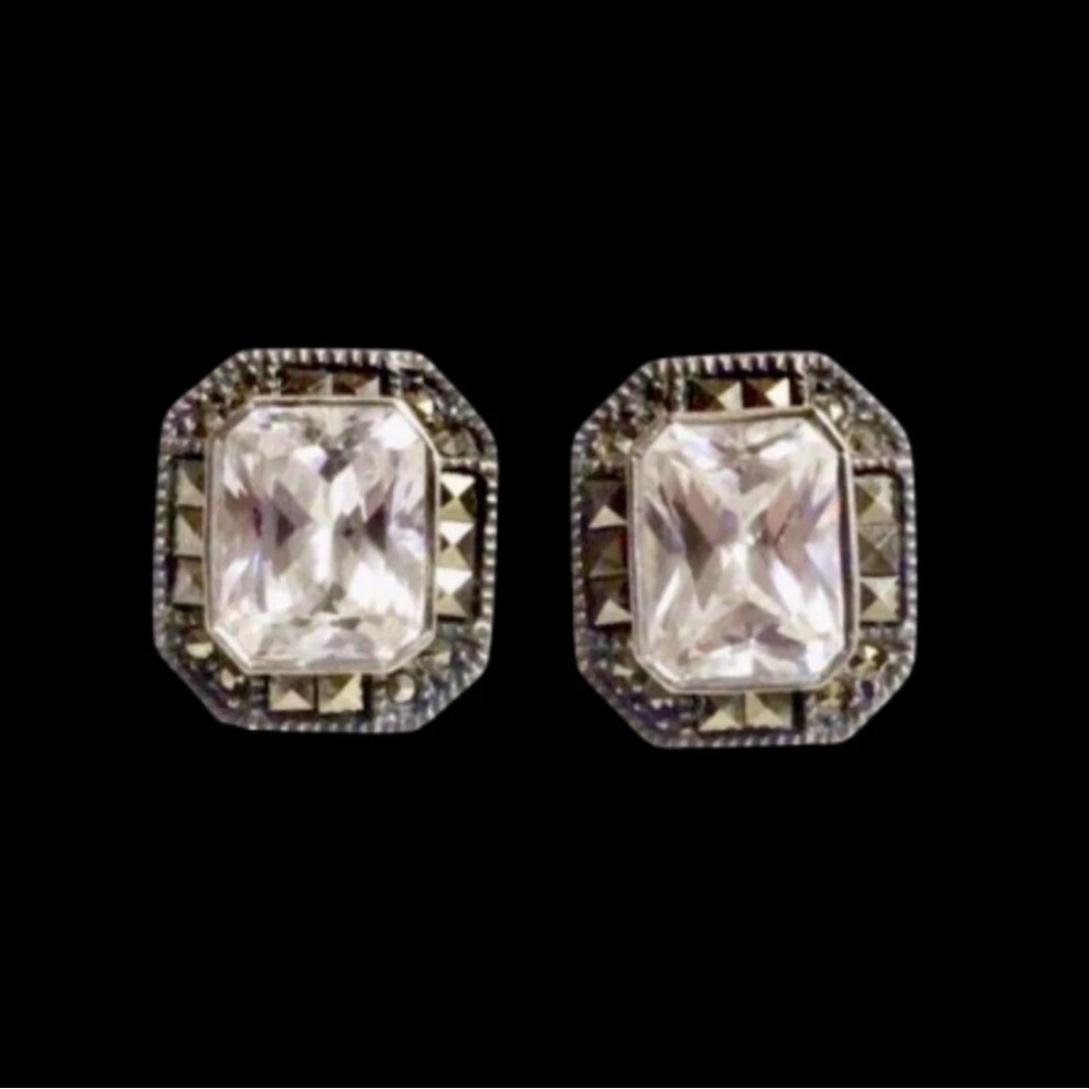 JUDITH JACK Sterling Silver Marcasite Faceted CZ Vintage Earrings - Picture 5 of 16